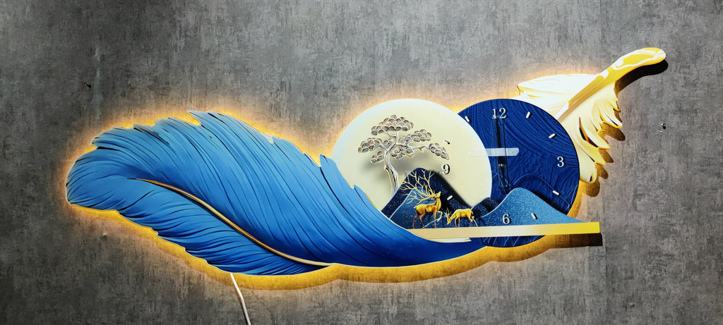 Stunning blue feather wall clock with LED Light for living room with remote