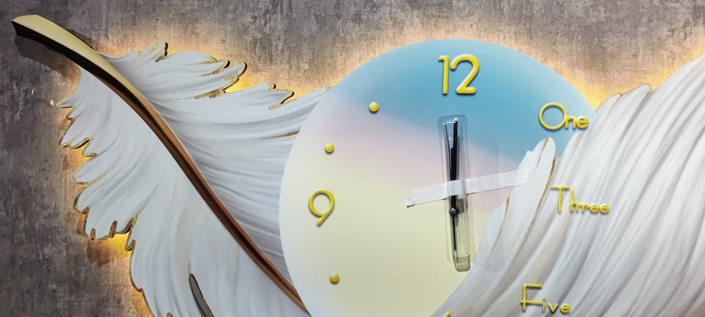 Stunning white feather wall clock with LED Light for living room with remote