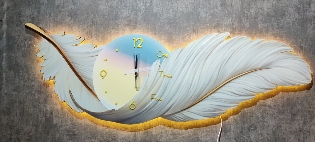 Stunning white feather wall clock with LED Light for living room with remote