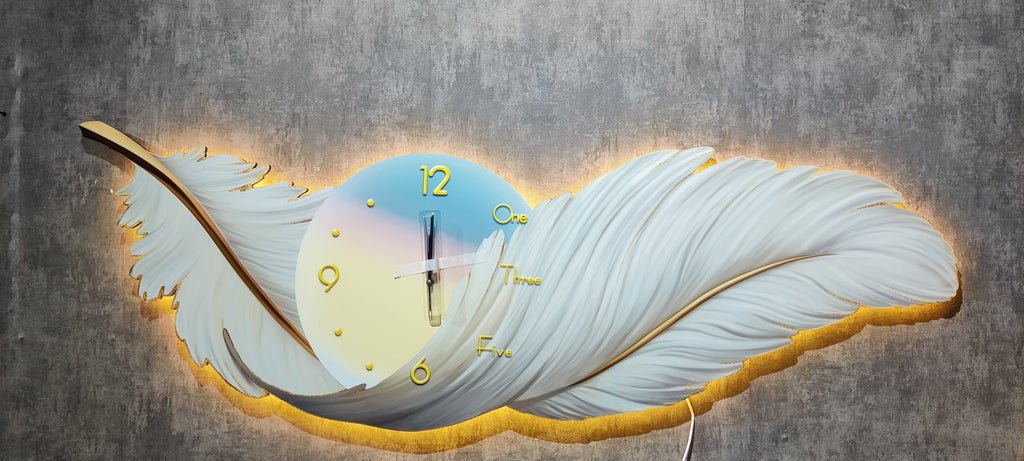 Stunning white feather wall clock with LED Light for living room with remote