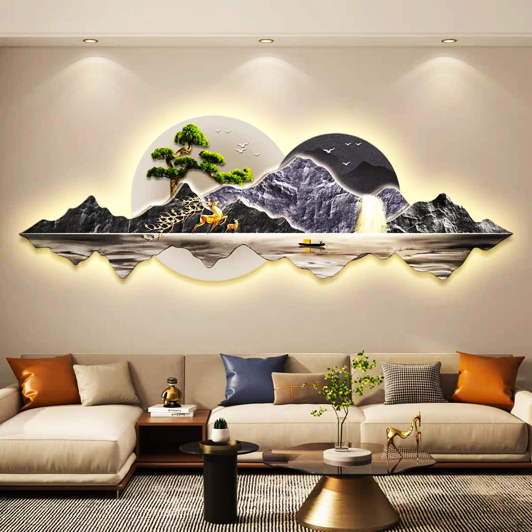 Attractive 3D Mountain-Deer-Waterfall Crystal painting with LED|2X4.9Feet