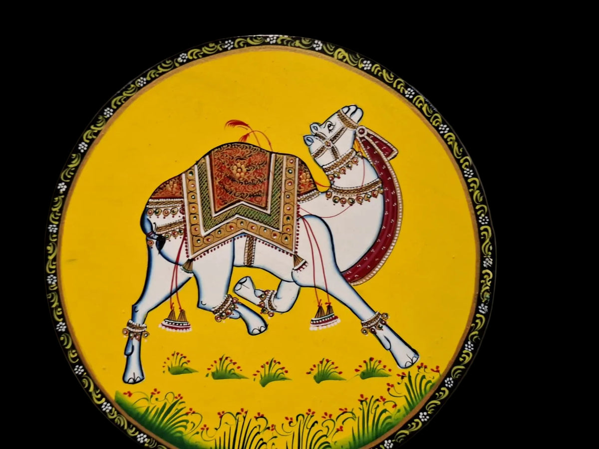 Handpainted wooden Pichwai round wall decor| 10 Inches| Oil painting| Camel Pichwai