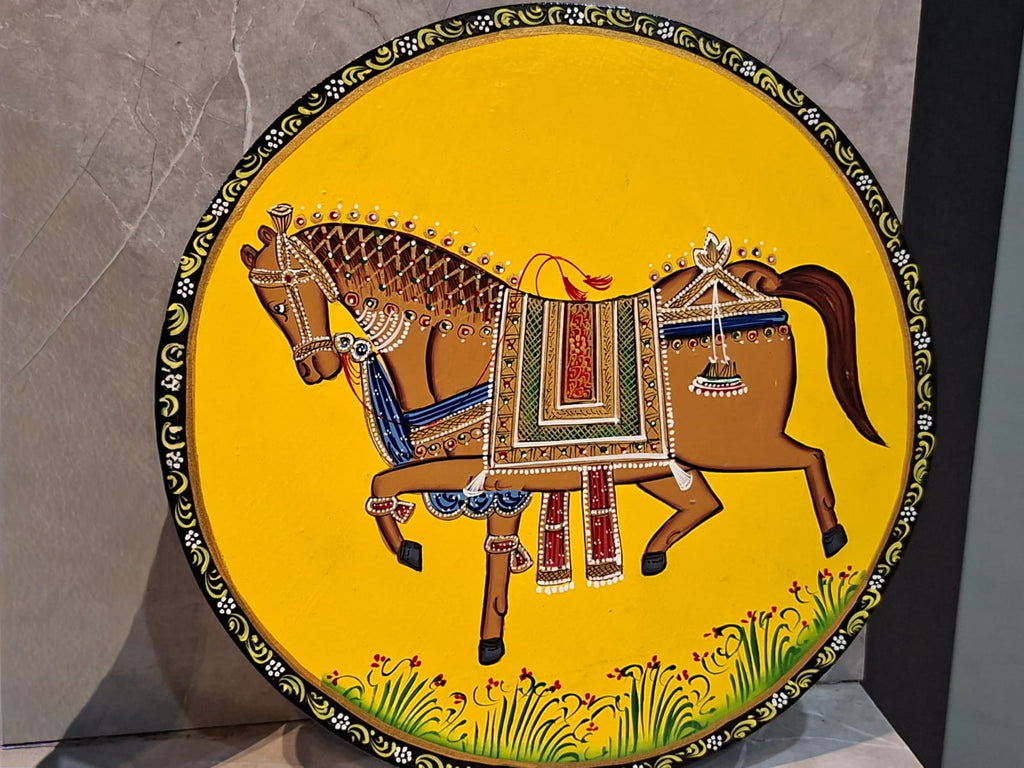Handpainted wooden Pichwai round wall decor| 10 Inches| Oil painting| Horse Pichwai