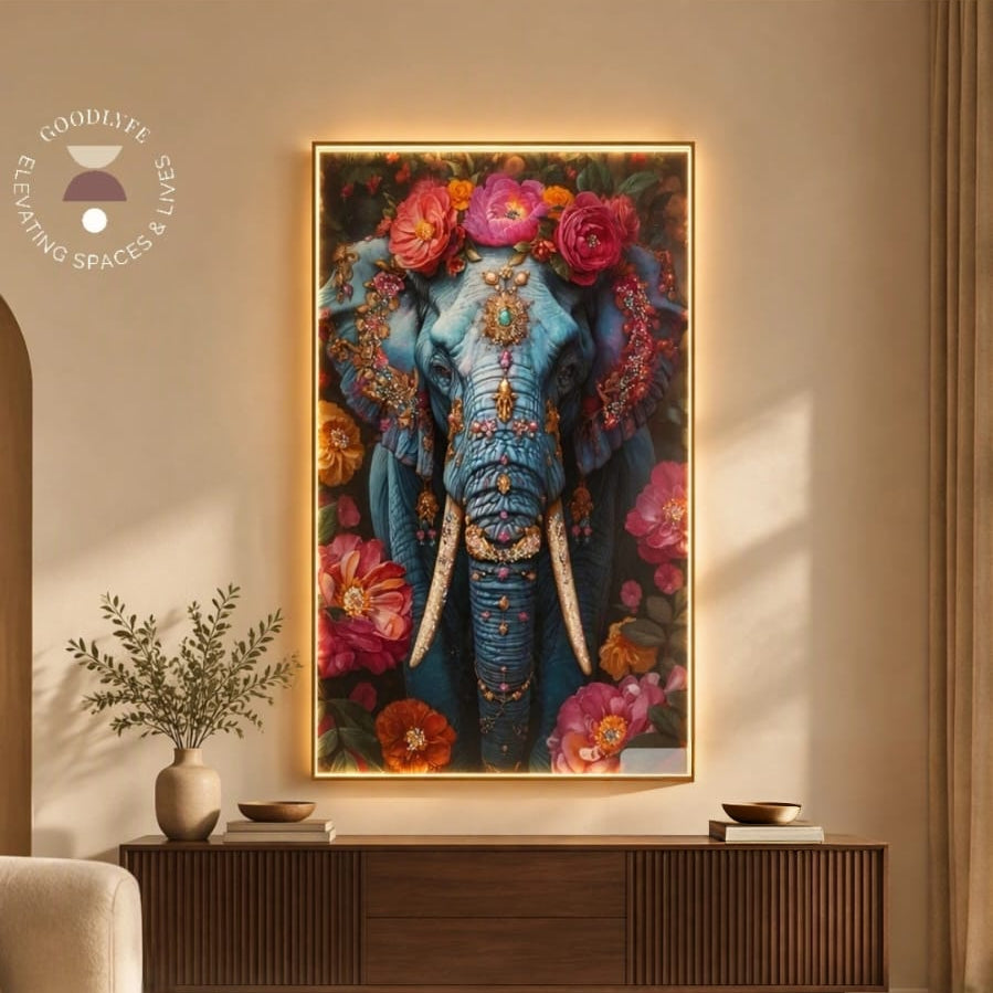 Crystal embedded LED wall painting for living room| Vastu Painting| Elephant with Floral head and ornaments