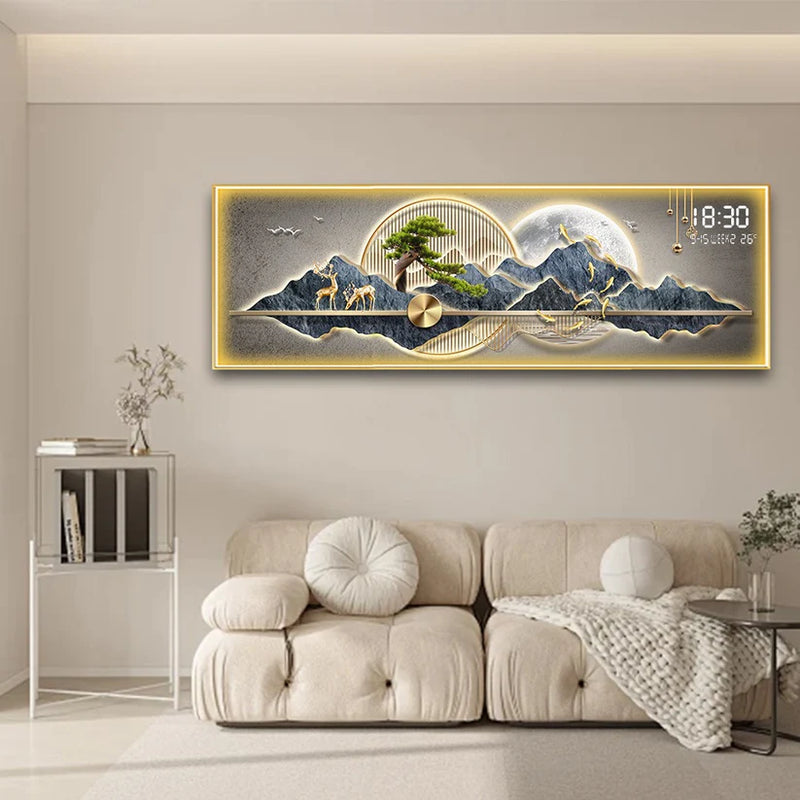 Stunning digital clock with LED wall art| 50x150 cm| Mountain with golden deer