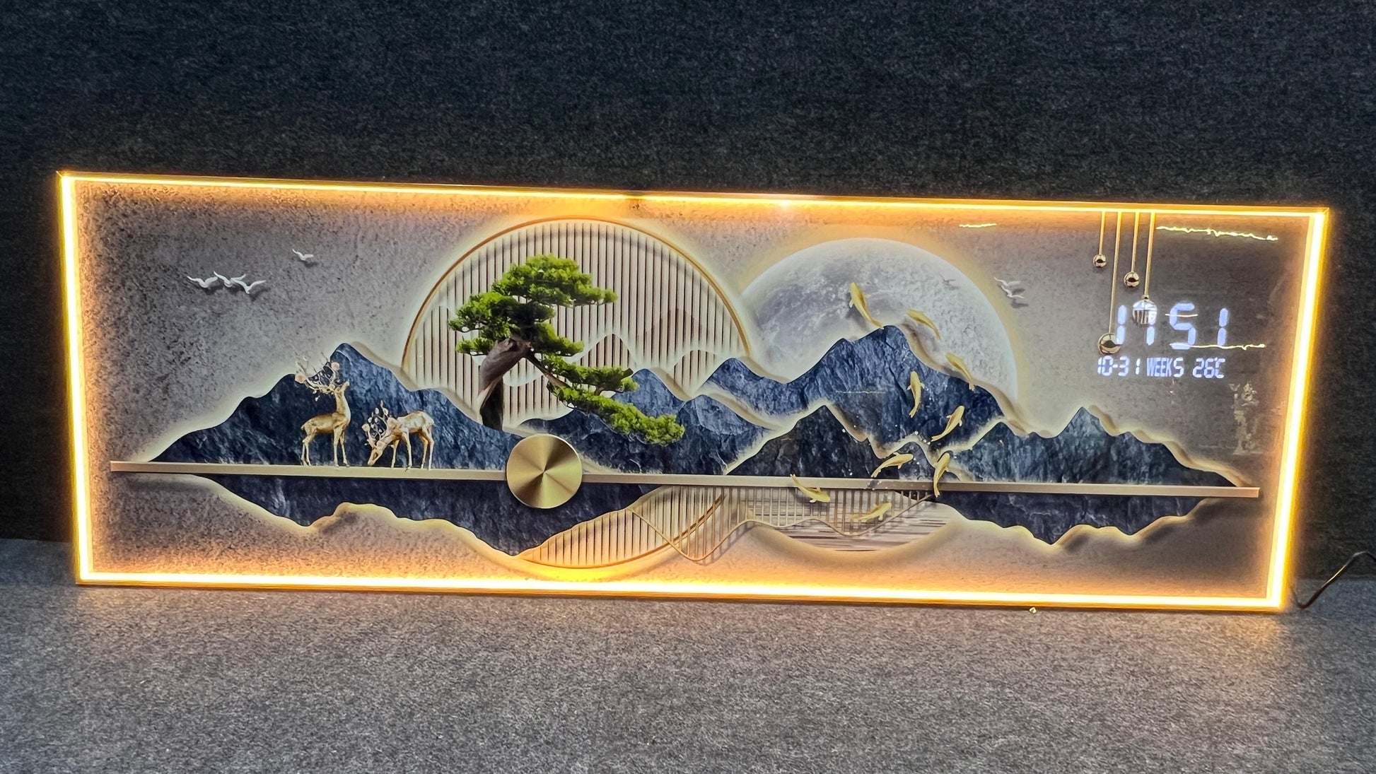Stunning digital clock with LED wall art| 50x150 cm| Mountain with golden deer