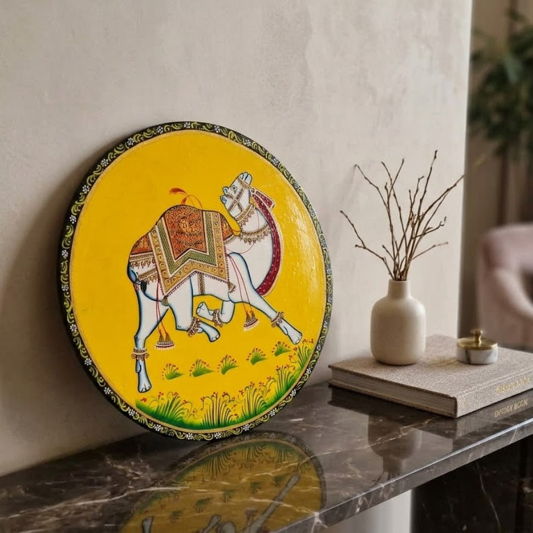 Handpainted wooden Pichwai round wall decor| 10 Inches| Oil painting| Camel Pichwai