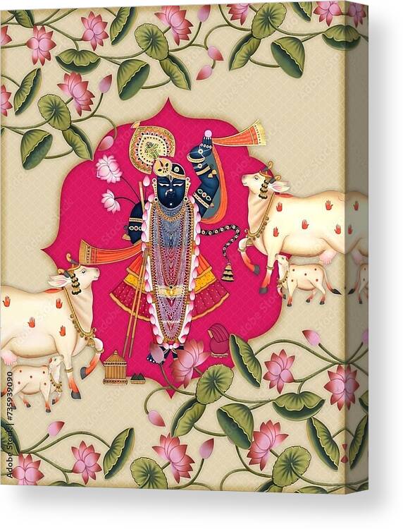 Krishna Cow-Pichwai painting|400 GSM Gallery-Wrapped Canvas on Premium 1.5x1.5 inch Pine Wood Frame
