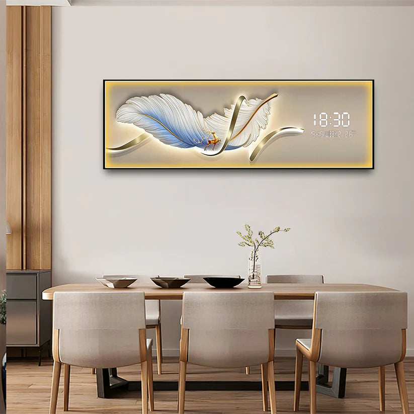 Stunning digital clock with LED wall art| 150x50 cm| Blue-White Feather with Deer