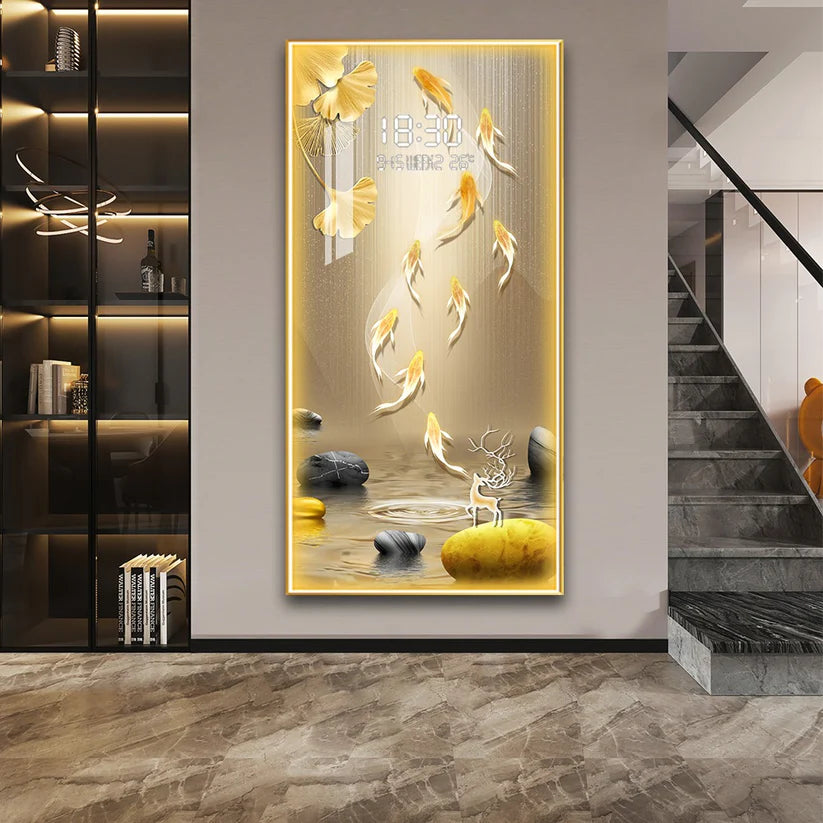 Stunning digital clock with LED wall art| 120x60 cm| Gold koi fish with Deer