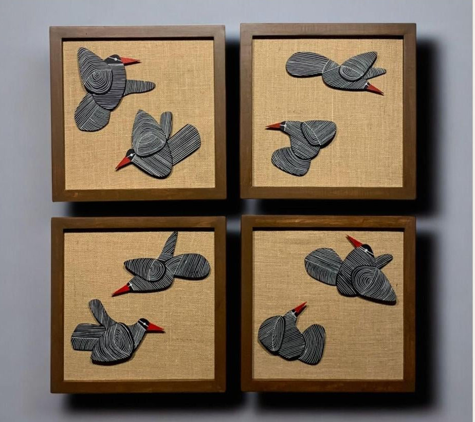 Set of four framed jute wall art pieces with wooden frames, displayed against a neutral background.