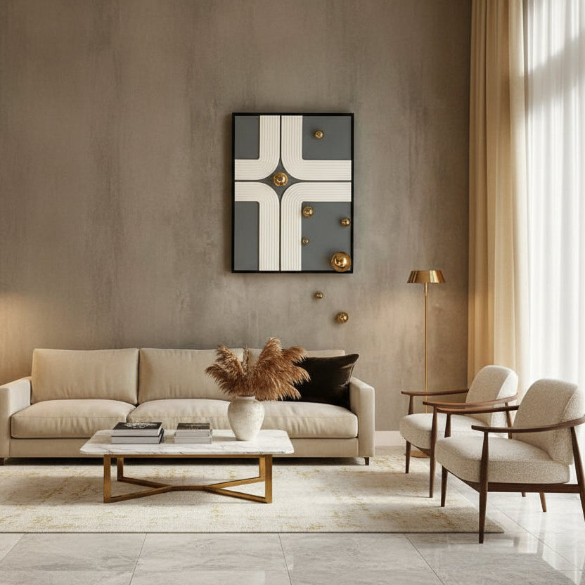 Decorative wall art with geometric design on a textured wall, featuring product details.