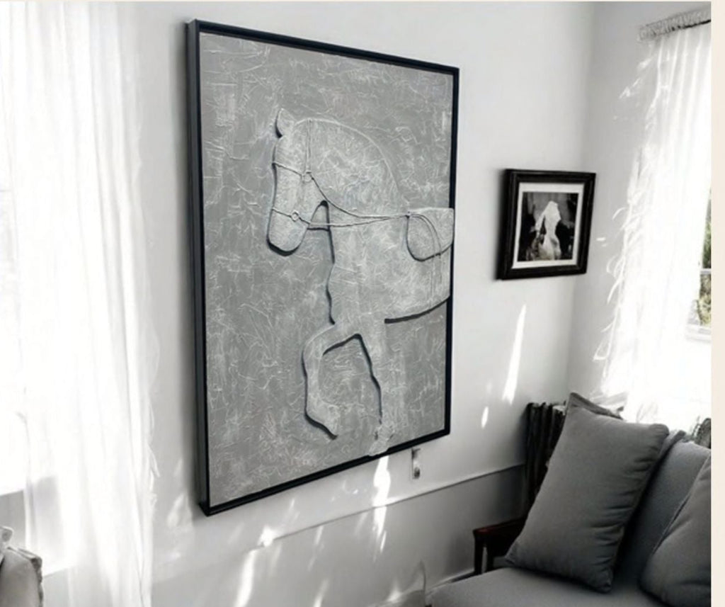 Handmade stunning horse  texture wall art  with Black frame(30*42")-grey-cutomizable