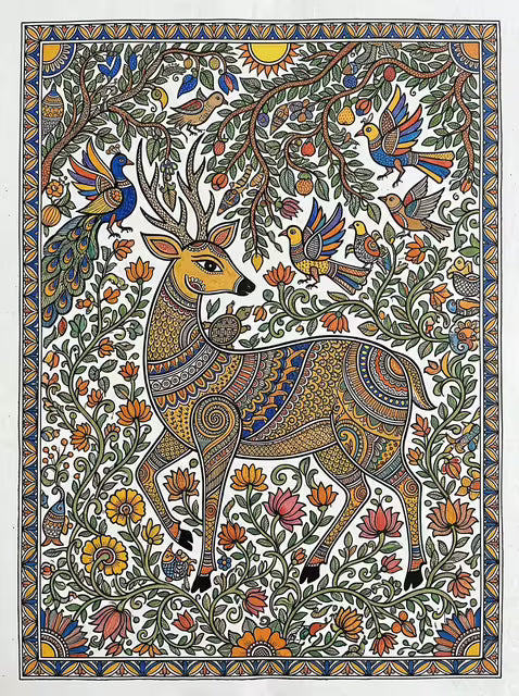 Madhubani folk Canvas wall art|Deer|400 GSM Gallery-Wrapped Canvas