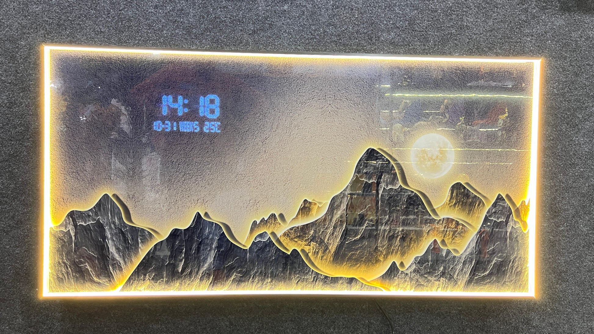 Glowing Moon with mountains wall art with LED+ Digital clock |120x60cm