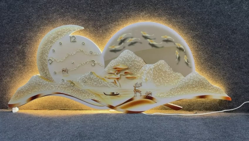 3D LED wall art with clock| Moon| Mountain| waterfall| 60x150cm