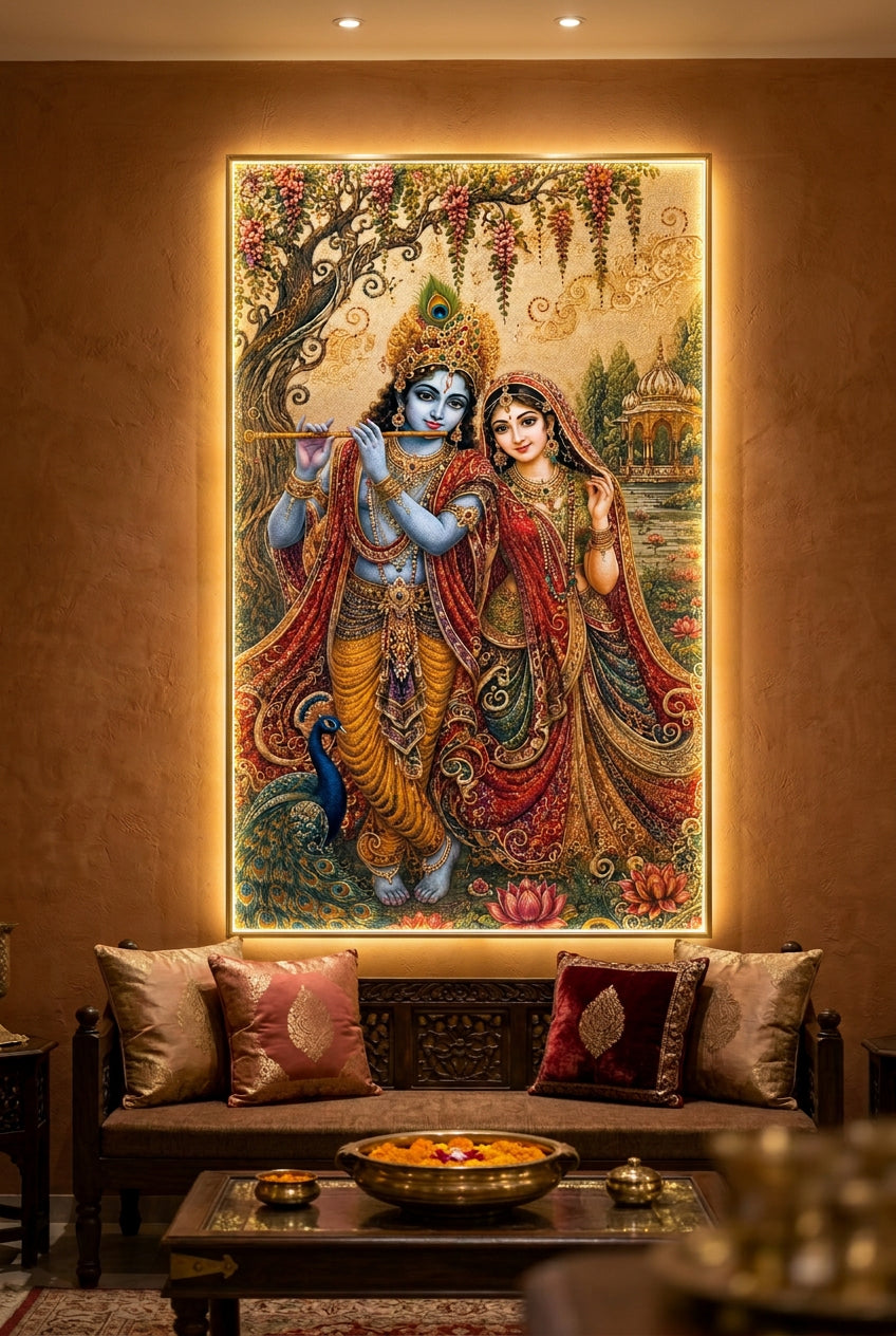 Devotional wall art| Radha-Krishna Crystal with Peacock painting with LED for home vastu