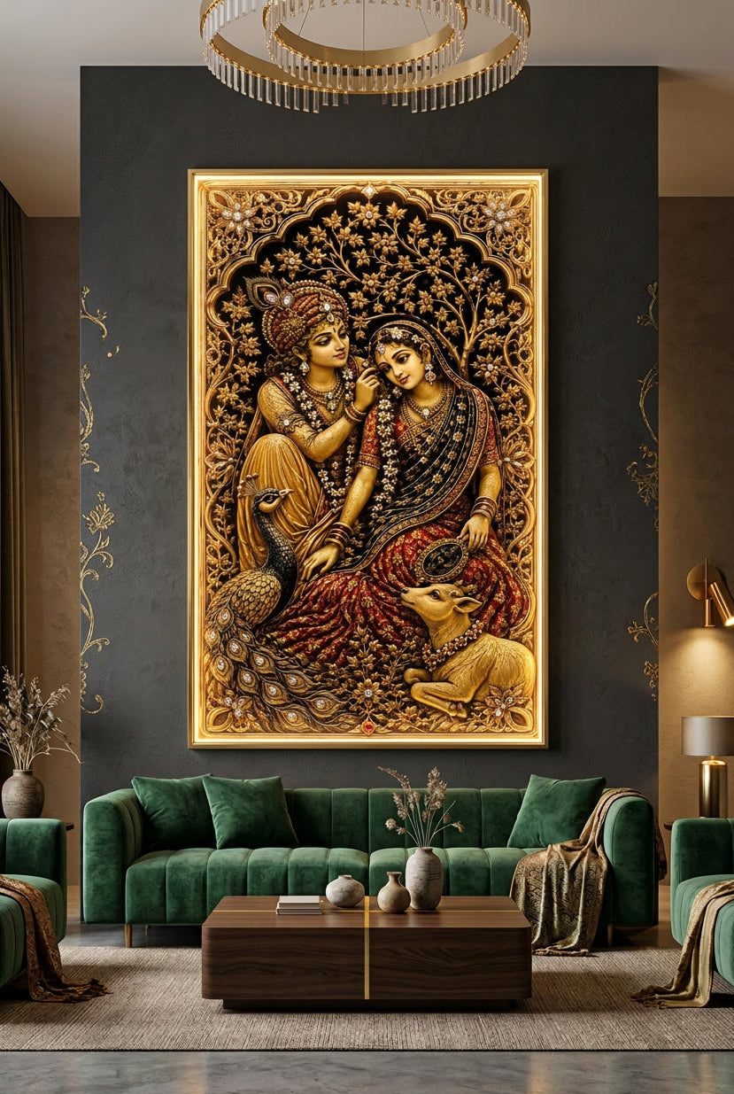 Devotional wall art| Radha-Krishna Crystal painting with LED for home vastu