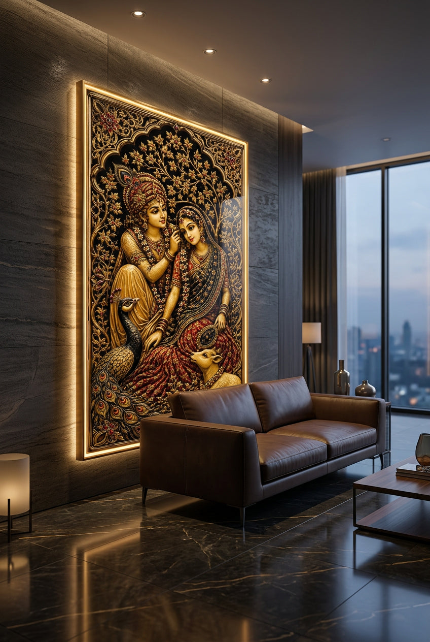 Devotional wall art| Radha-Krishna Crystal painting with LED for home vastu