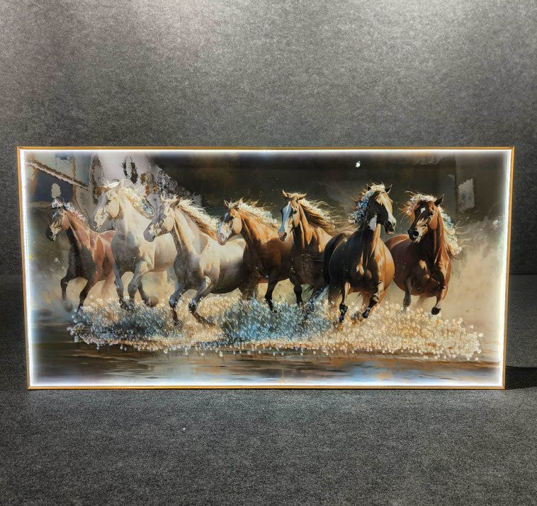 3D Crystal 7 running horses | Brown & white| 24x48 inches+ LED for living room| Vastu