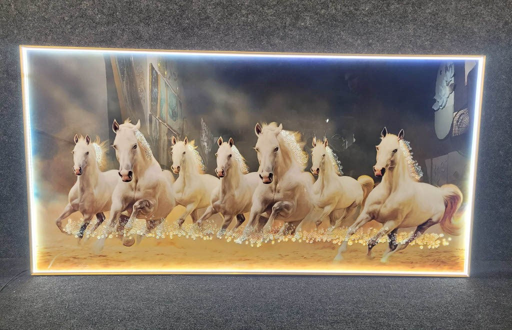 3D Crystal 7 running horses | white| 24x48 inches+ LED for living room| Vastu