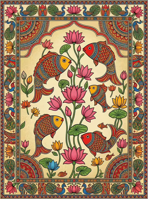 Madhubani folk Canvas wall art|Fish|400 GSM Gallery-Wrapped Canvas