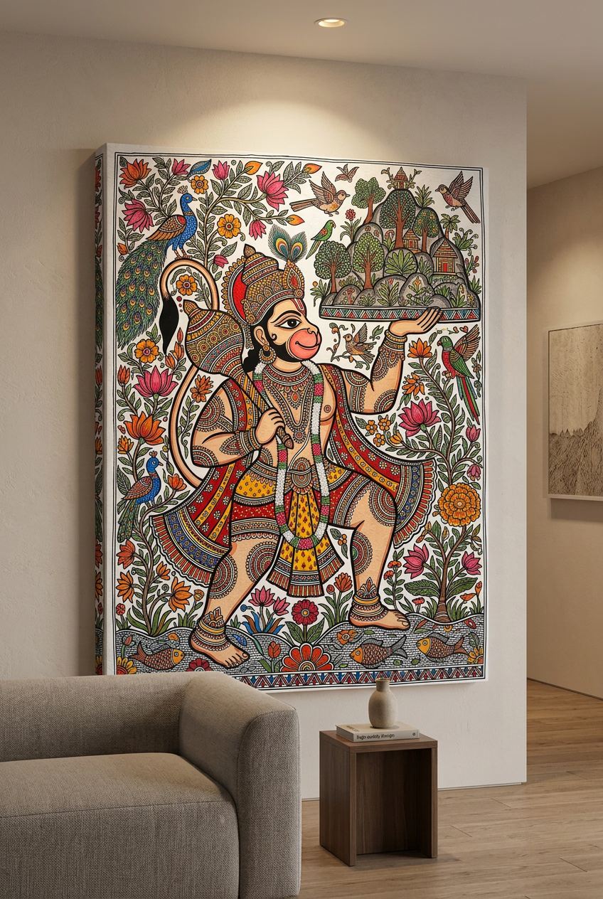 Madhubani folk Canvas wall art|Lord Hanuman|400 GSM Gallery-Wrapped Canvas