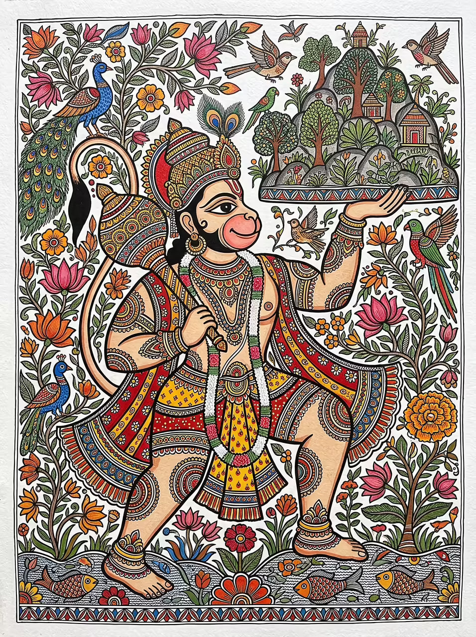 Madhubani folk Canvas wall art|Lord Hanuman|400 GSM Gallery-Wrapped Canvas