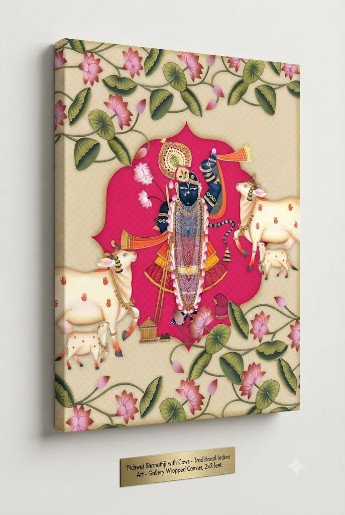 Krishna Cow-Pichwai painting|400 GSM Gallery-Wrapped Canvas on Premium 1.5x1.5 inch Pine Wood Frame