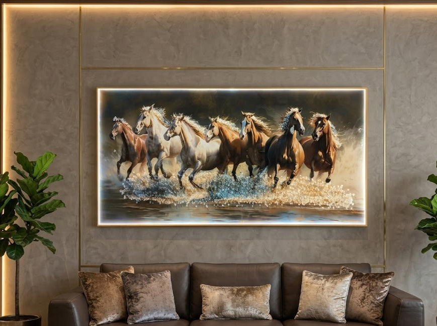 3D Crystal 7 running horses | Brown & white|  Vastu