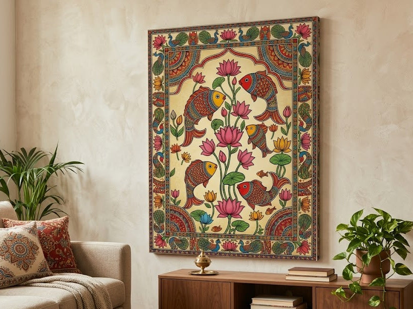 Madhubani folk Canvas wall art|Fish|400 GSM Gallery-Wrapped Canvas