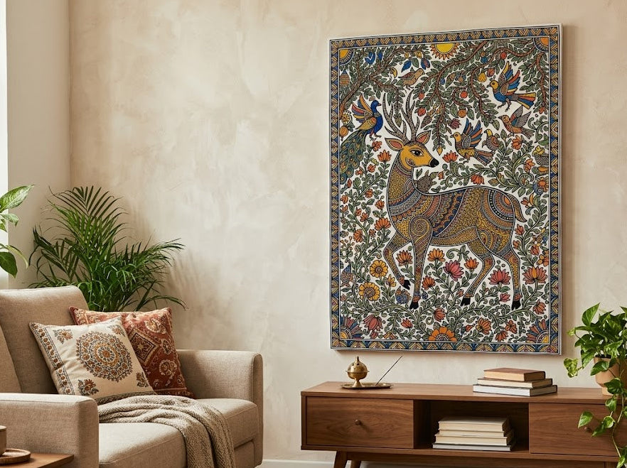 Madhubani folk Canvas wall art|Deer|400 GSM Gallery-Wrapped Canvas