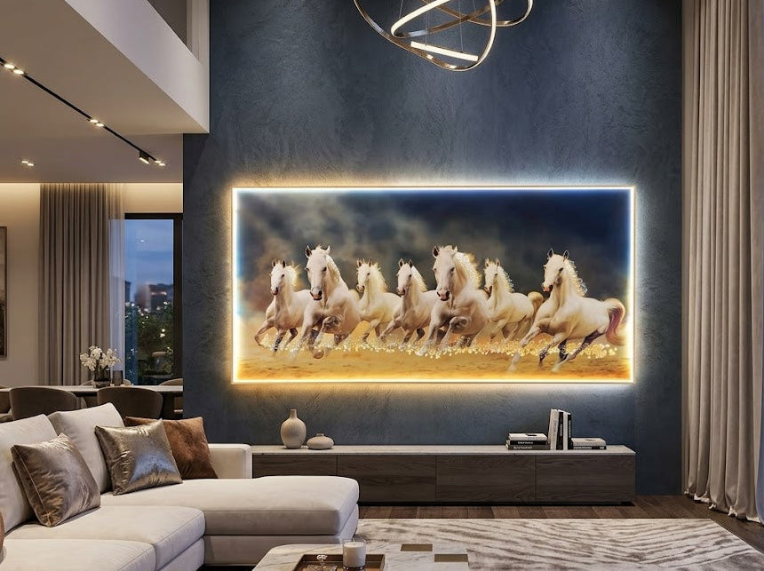 3D Crystal 7 running horses | white| 24x48 inches+ LED for living room| Vastu