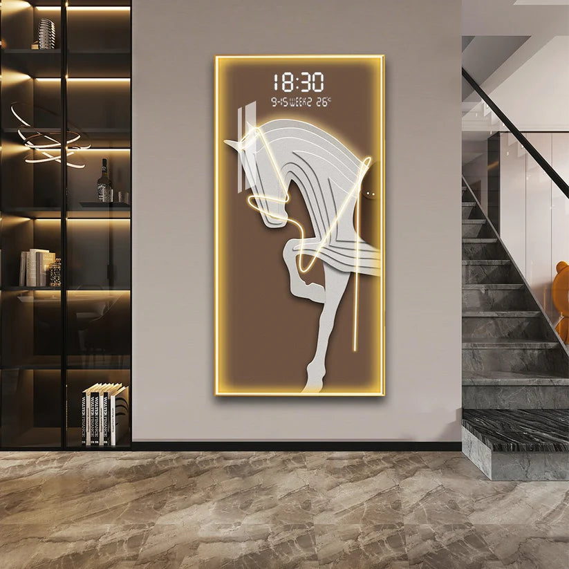 Stunning white horse wall art with LED+ Digital clock |120x60cm