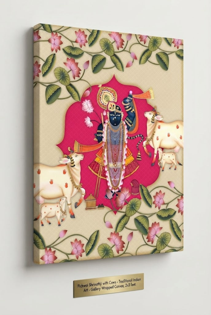 Krishna Cow-Pichwai painting|400 GSM Gallery-Wrapped Canvas on Premium 1.5x1.5 inch Pine Wood Frame